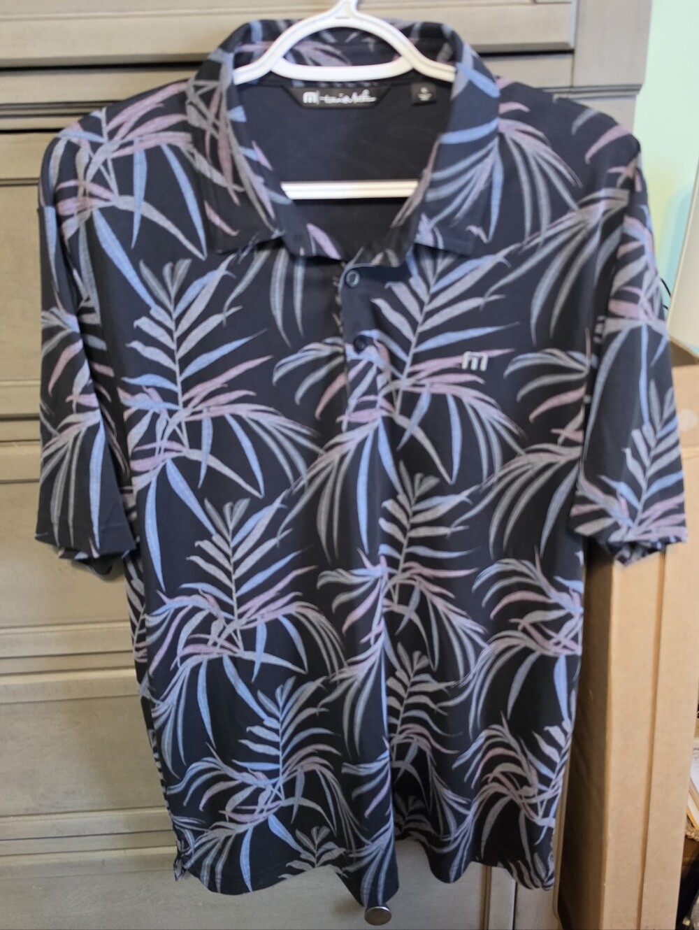 Travis Mathew Black Polo with Purple and Light Blue Palm Print